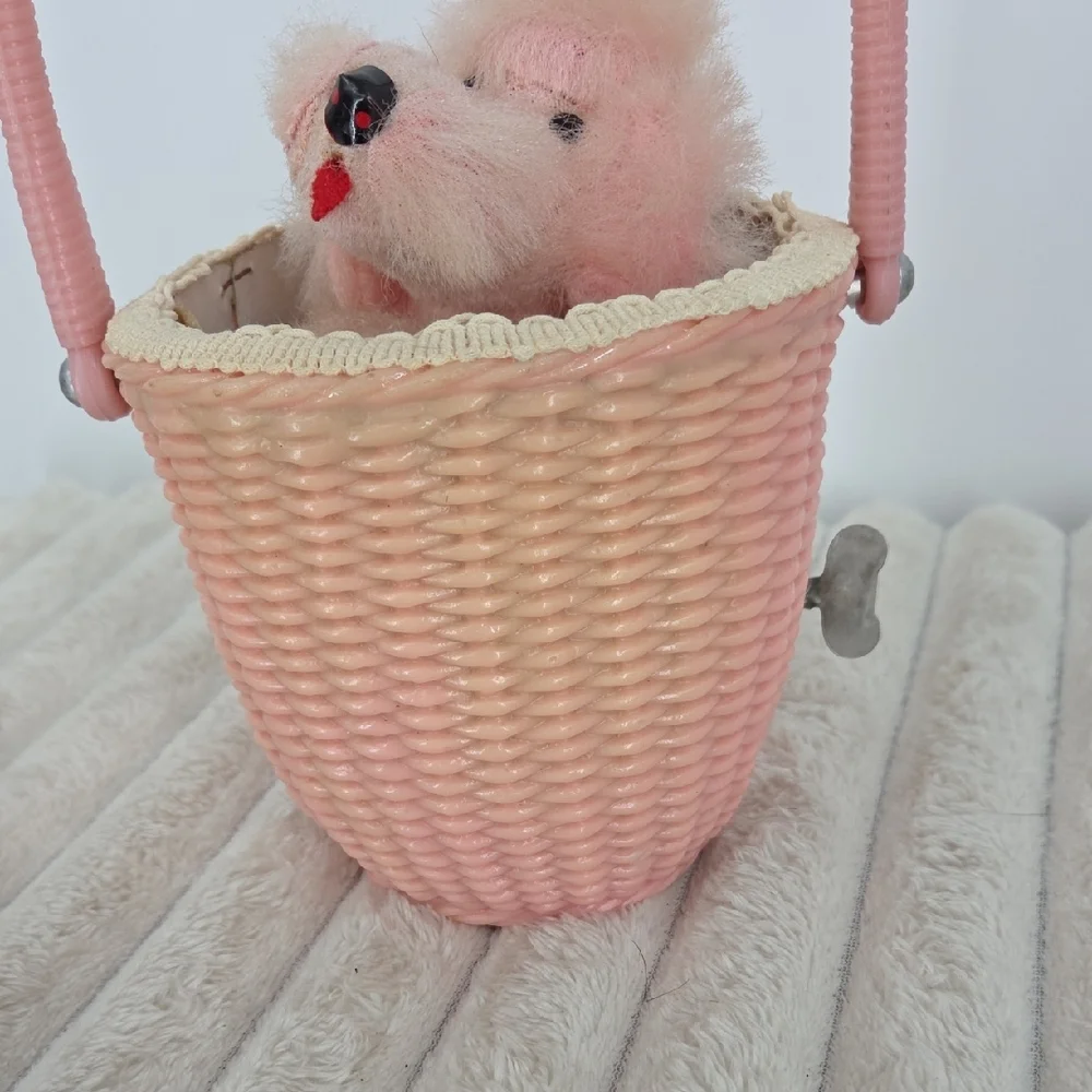 Vintage Japanese Pink Poodle In A Basket Windup Toy